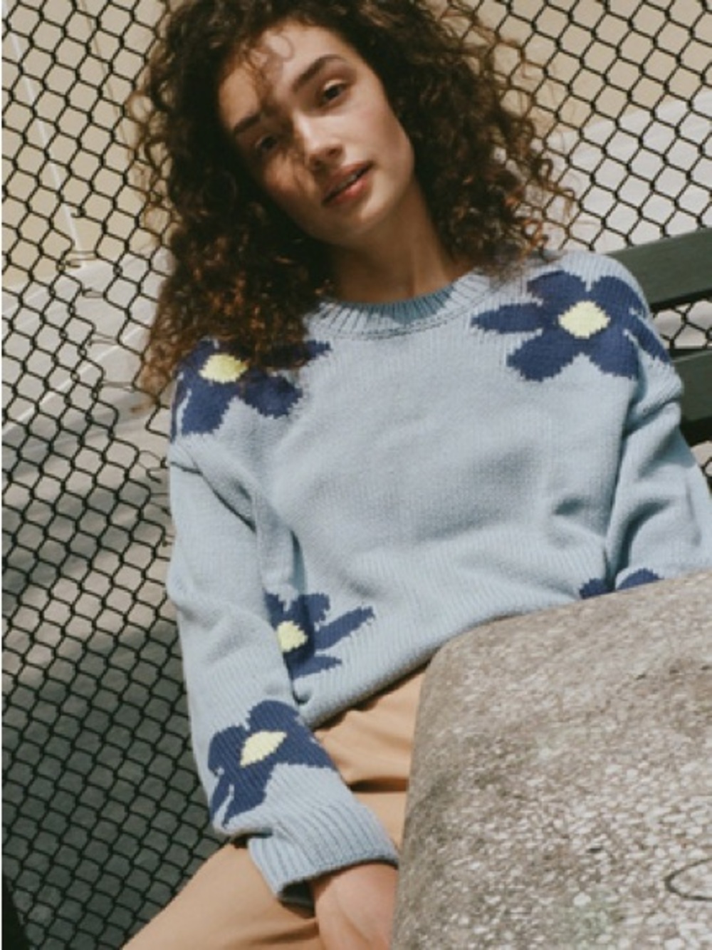 Rails Zoe Sweater Light Blue Floral Crewneck with Navy & Pale Yellow Motifs